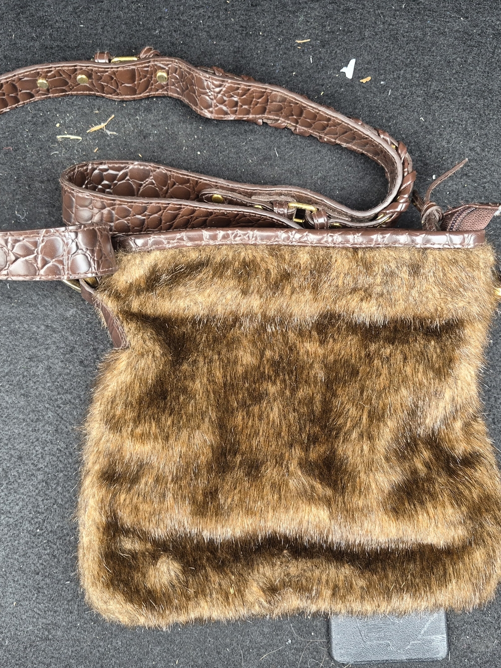 Pritzi Brown Faux Fur Crossbody Bag with Croc-Trim Strap
